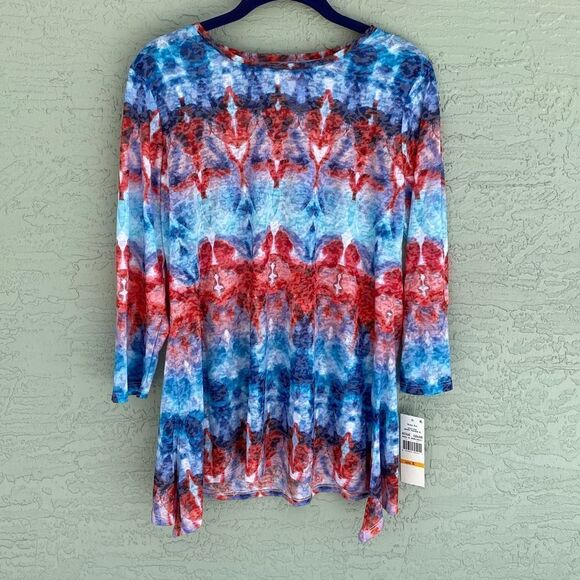 Ruby Rd. Sz S  Watercolor 3/4 Sleeve Angle Hem Top Medium Blue multi NWT - Picture 1 of 7